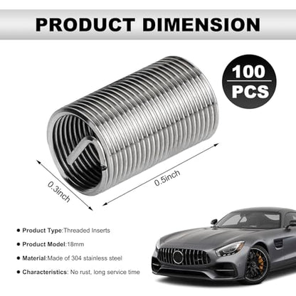 100PCS Thread Repair Insert, M6 × 1.0 × 3D Helicoil Metric Thread Sleeve Steel Sheaths Wire Thread Inserts, 304 Stainless Steel Helicoil Coiled Wire Screw Thread Repair Kit - color: 18mm
