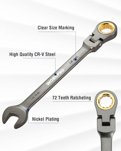 WORKPRO 14 mm Flex-Head Ratcheting Combination Wrench, Cr-V Constructed, Nickel Plating, 72-Teeth, 12 Point Design, Metric - size: 14 mm, style: Nickel Plating