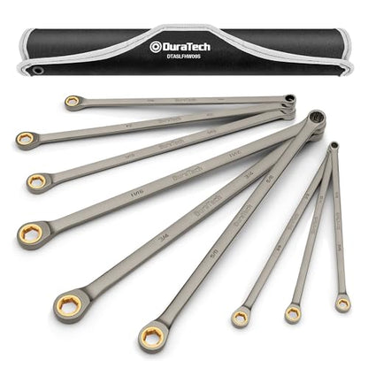 DURATECH Extra Long Anti-Slip Ratcheting Wrench Set, 9-Piece, SAE | Double Box End, 5/16", 11/32", 3/8", 7/16", 1/2", 9/16", 5/8", 11/16", 3/4", CR-V Steel, Rolling Pouch Included