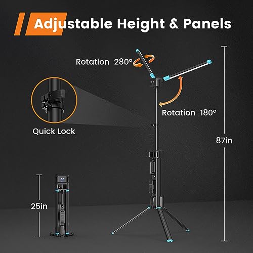 10000 Lumen Work Light with Stand, GoGonova 87'' Rechargeable Dual Power Source Led Work Light with Stand, Dual-Head Led Tripod Work Light with 1500/5000/10000 Lumen, 4000/7000K Dimmable - color: Black