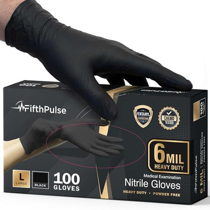 FifthPulse 6 Mil Black Nitrile Gloves, Heavy Duty Mechanic and Food Grade Glove - Powder-Free, Latex-Free Medical Exam Gloves - style: Large