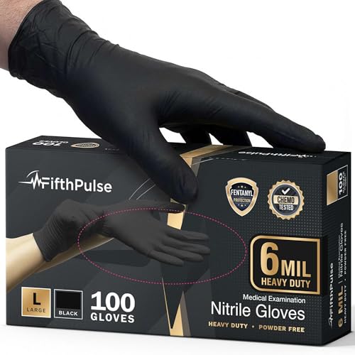 FifthPulse 6 Mil Black Nitrile Gloves, Heavy Duty Mechanic and Food Grade Glove - Powder-Free, Latex-Free Medical Exam Gloves - style: Large