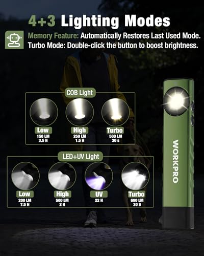 WORKPRO Rechargeable Flashlight, Magnetic EDC Flashlight Rechargeable, Flat Pocket Flashlight with UV Light, Slim LED Flashlight for Camping, Garage, Car Repair and Emergency-Green - color: Green