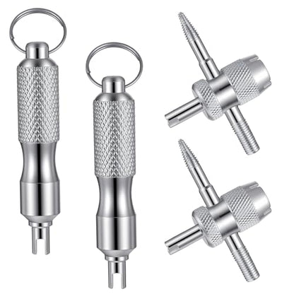 4 PCS Valve Stem Tool Keychain & 4-in-1 Tire Valve Core Removal Tool, Stainless Steel Portable Valves Core Disassembly and Repair Tools for Bicycle Car Motorcycle Repair Install Accessory