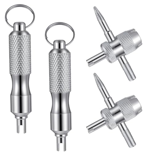 4 PCS Valve Stem Tool Keychain & 4-in-1 Tire Valve Core Removal Tool, Stainless Steel Portable Valves Core Disassembly and Repair Tools for Bicycle Car Motorcycle Repair Install Accessory