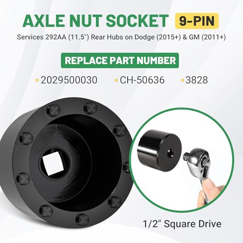 9-Pin Heavy Duty Hub Nut Socket Fit for Dodge RAM 2500 3500 Pick-Up, RAM 3500 4500 5500 Cab Chassis 2015-2019 & GM 2011+, Replace 2029500030 CH-50636