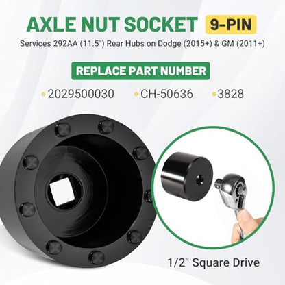 9-Pin Heavy Duty Hub Nut Socket Fit for Dodge RAM 2500 3500 Pick-Up, RAM 3500 4500 5500 Cab Chassis 2015-2019 & GM 2011+, Replace 2029500030 CH-50636