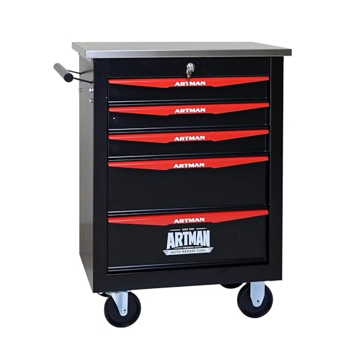 5 Drawers Tool Chest on Wheels, Stainless Steel Countertop Multifunctional Rolling Tool Storage Cart, Drawer Rolling Trolley Organizer Tool Box for Garage,Workshop(5 Drawers-Black) - color: Black, size: 5 Drawers 22.2"Wx13.58"Dx30.7"H