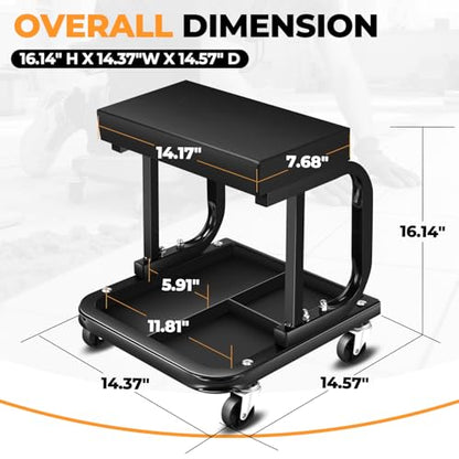 Auto Dynasty Rolling Mechanic Stool, Padded Shop Seat, w/Tool Tray, Black | Heavy Duty 250Lbs Capacity, Low Profile Rolling Shop Seat, with Tool Tray Storage for Garage, Workshop, Auto Repair