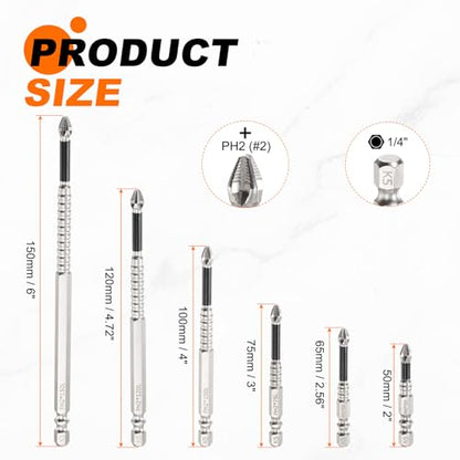 HARFINGTON 6pcs Impact Phillips Screwdriver Bit Kit PH2 (#2) Anti Slip Tip 1/4" Hex Shank 2+2.56+3+4+4.72+6" Magnetic Cross Screw Driver Industrial Power Drill Bits for Screws - size: 2+2.56+3+4+4.72+6 inch