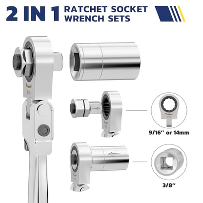 haisstronica 13pcs Flex-Head Ratcheting Combination Wrench Set with 3/8 in Adapter, SAE 1/4-3/4 inch Ratchet Wrench Tool for Auto, Tools for Men Gifts - size: SAE-12 in 1