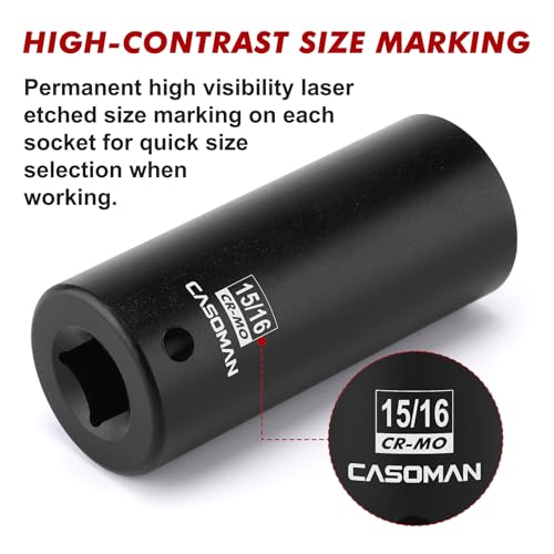 CASOMAN 1/2" Drive x 15/16" Deep Impact Socket, 6-Point, SAE, CR-MO - size: 23.81 mm (Deep), style: 6-Point Socket