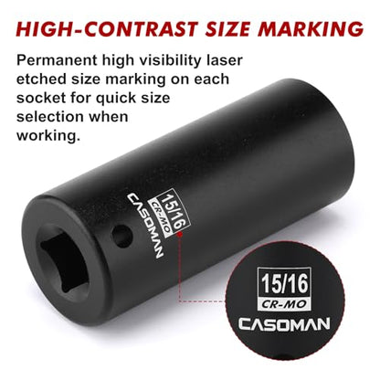 CASOMAN 1/2" Drive x 15/16" Deep Impact Socket, 6-Point, SAE, CR-MO - size: 23.81 mm (Deep), style: 6-Point Socket