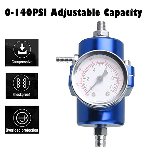 BARTOO Universal Adjustable Fuel Pressure Regulator Kit, Aluminum Fuel Regulator,Adjustable Gas Oil Injection Pressure Regulator with 0-140 PSI Gauge -Blue - color: Blue