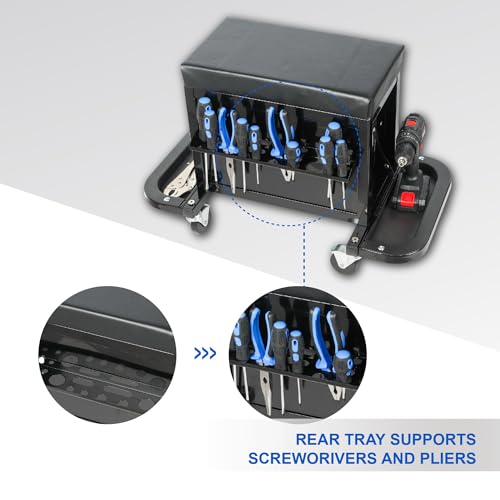 3-Drawer Rolling Tool Chest Mechanic Seat with Foldable Side Trays 350lb Capacity Swivel Casters Black Heavy Duty Garage Stool for Car Repair & Maintenance