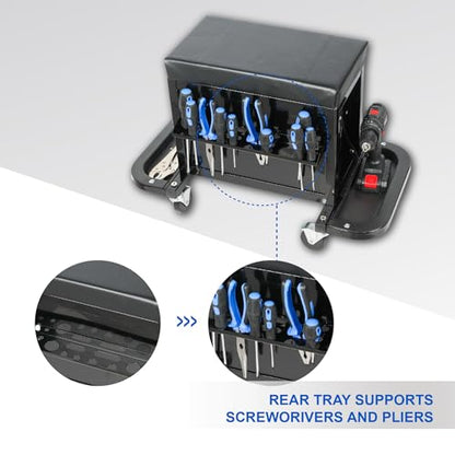 3-Drawer Rolling Tool Chest Mechanic Seat with Foldable Side Trays 350lb Capacity Swivel Casters Black Heavy Duty Garage Stool for Car Repair & Maintenance