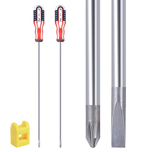 Slotted and Phillips Screwdriver, PH1 12" Long Cross-head and Flat Blade Magnetic Screwdrivers Magnetic with Rubber Handle 2 Packs
