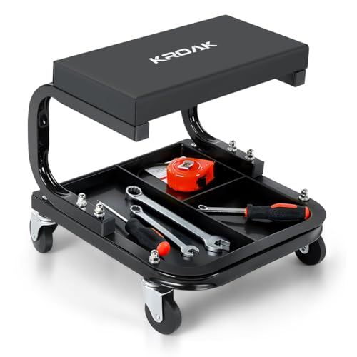 KROAK Rolling Creeper Garage/Shop Seat, 260LBS Capacity Padded Workshop Stool with Tool Tray Storage Mechanic Roller Seat for Shop, Garage, Auto Repair