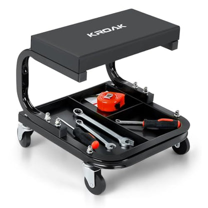 KROAK Rolling Creeper Garage/Shop Seat, 260LBS Capacity Padded Workshop Stool with Tool Tray Storage Mechanic Roller Seat for Shop, Garage, Auto Repair