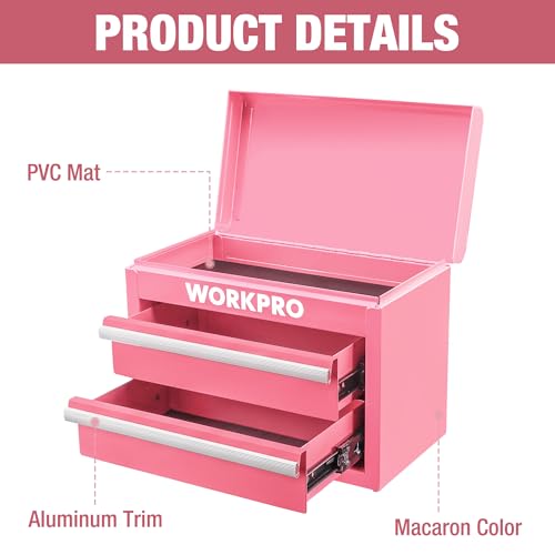 WORKPRO Metal Mini Tool Box with 2 Drawers and Top Storage | Cold Rolled Steel Toolbox, Ball Bearing Slides, PVC Drawer Liners, PP Feet Pads, Durable Storage - color: Pink