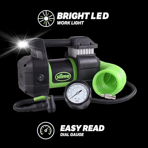 Slime 40031 Tire Inflator, Portable Car, SUV, 4x4 Air Compressor, Pro Power, Heavy Duty, with Analog 150 psi Dial Gauge, Long Hose and LED Light, 12V, 3 min inflation - style: Pro Power Analog