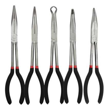 5 Pack 11" Precision Long Nose Pliers Set with Insulated Comfort Grip Handles,Straight Long Needle Nose Pliers, 25/45/90° Curved & Circle for Wire Shaping/Trimming - size: 5pcs-11"