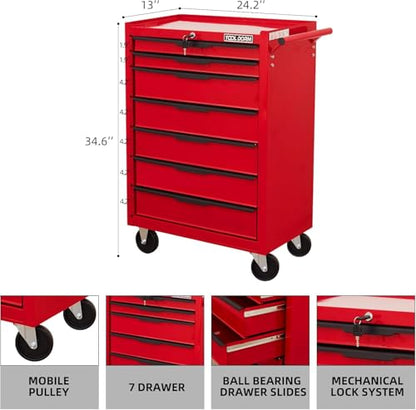 7-Drawer Rolling Tool Chest with Locking Wheels & Drawers, 13" D x 24.2" W x 34.6" H Mobile Tool Storage Cabinet, Heavy-Duty Garage Organizer w/Ergonomic Handle - color: Red