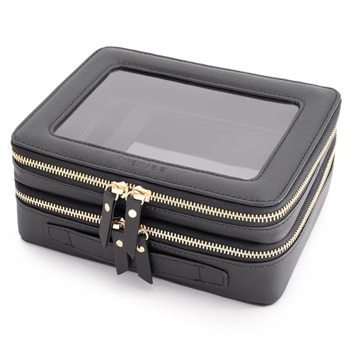 Aveniee Clear Makeup Bags,Double Layer Cosmetic Bags with Separate Brush Compartment,Large Travel Toiletry Bag Cosmetic Case,Travel Accessories Organizer for Women,2 Layers,Black - color: Black, style: Dual Layer