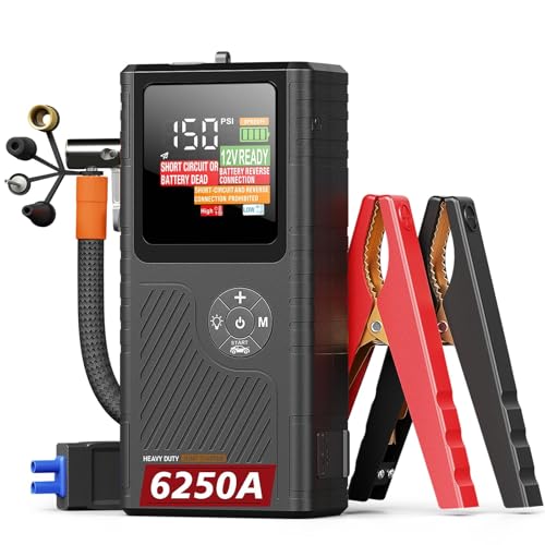 6250A Jump Starter with Air Compressor, Car Battery Jump Starter with Boost for Up to 9L Gas / 7L Diesel, 150PSI Tire Inflator with Auto Shutoff, Smart LED Screen, Portable Jump Box, 48-Month Standby
