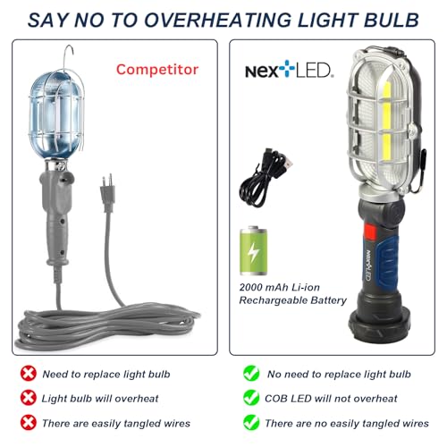 (Improved) NextLED NT-5571 Rechargeable Magnetic LED Work Light, 1000 LM Trouble Light, Cordless LED Drop Light, Mechanic Flashlight for Garage, Enhanced Magnetic Base & Hook, Automotive Tasks
