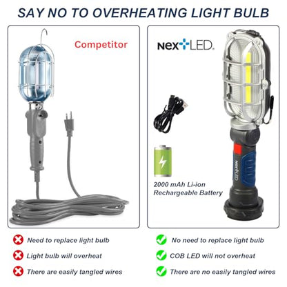(Improved) NextLED NT-5571 Rechargeable Magnetic LED Work Light, 1000 LM Trouble Light, Cordless LED Drop Light, Mechanic Flashlight for Garage, Enhanced Magnetic Base & Hook, Automotive Tasks