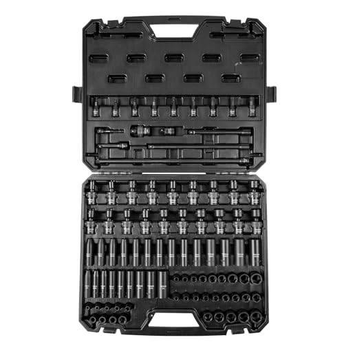 VEVOR Impact Socket Set 3/8" Drive, 90 PCS, CR-MO, SAE 1/4"-3/4" Metric 6-19mm, with Shallow & Deep Sockets, Swivel & E-Torx & Bit socket Sockets, Extension Bars, Adapters, Universal Joint - style: 3/8" 90PCS Swivel CR-MO