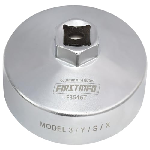 FIRSTINFO 1/2" Drive 63.8mm 14-Flute Oil Filter Wrench for Tesla | Machined aluminum body • Cup-style fit • Chrome finish • Work with 1/2" Dr. Impact Wrench • Perfect fitment - size: 63.8mm for Tesla