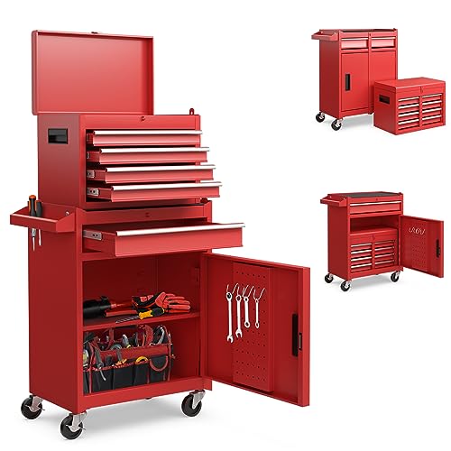 Goplus Rolling Tool Chest, 5-Drawer Tool Box Organizer w/Lockable Wheels & Sliding Drawers & Detachable Top & Adjustable Shelf, Tool Storage Cabinet for Garage Workshop (Red) - color: Red, style: 5 Drawers