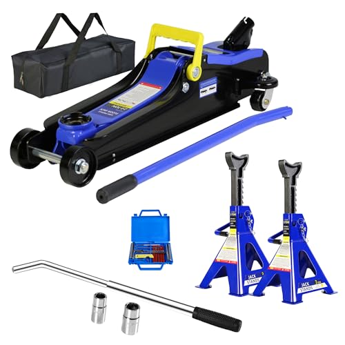 Hydraulic Trolley Service/2-Ton Floor Jack with 3T Jack Stands&Tire Repair Kit for Garages, Automotive, Heavy Duty Steel Racing Floor Jack with Single Piston Quick Lift Pump, Range 3.3"-15.2" - color: Blue&Black-2T-Single Pump-1