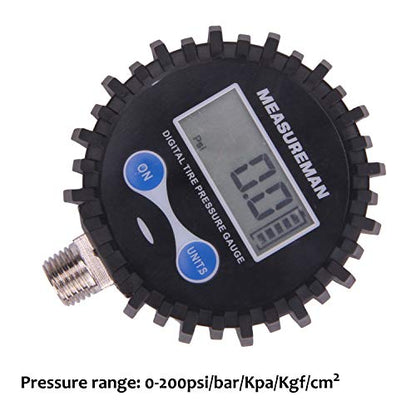 MEASUREMAN 2-1/2" Dial Size Digital Air Pressure Gauge with 1/4'' NPT Bottom Connector and Protective Boot, 0-200psi, Accuracy 1%, Battery Powered with LED Light - size: Short thread, style: 0-200psi