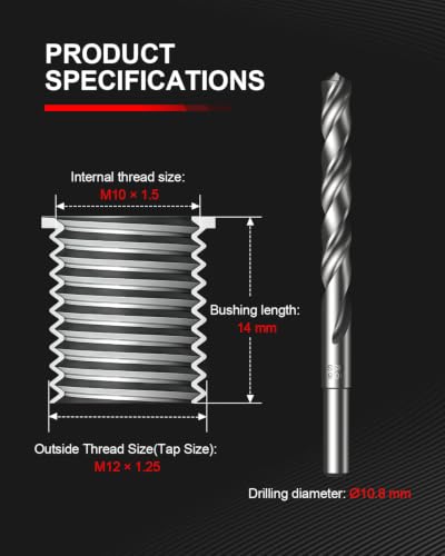 Kolvoii M10 X 1.5 Metric Thread Repair Kit with HSS Drill Bit, Tap, Counterbore and Installation Tool, 10 Solid 304 Stainless Steel Thread Inserts, 14mm Length, for Automotive and DIY Repairs - size: M10x1.5x14mm