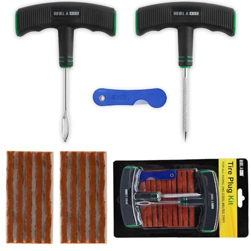 HolaKit 13-Piece Tire Plug Kit with T-Handle Tools and Vulcanizing Plugs | Oversized rubber-grip T-handles improve control while ten self-vulcanizing plugs cover multiple roadside repairs