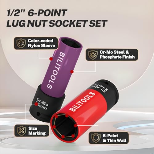 BILITOOLS 5pcs 1/2’’ Drive Impact Lug Nut Socket Set, 15/17/19/21/22mm | Non-Marring Socket Set, CR-MO Steel, 6-Point Flank Drive, Color-Coded Sleeves, Scratch-Proof, fits Impact Wrenches - size: 15 17 19 21 22 mm