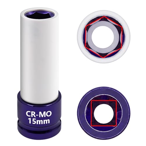 15mm 1/2"Drive Wheel Protector Impact Socket, Lug Nut Impact Socket | 6 Point, Non-Marring, Thin Wall, Deep Socket, Wheel Protector, Protective Socket, Color-Coded, Cr-Mo Steel, Hand Repair Tool - size: 15MM