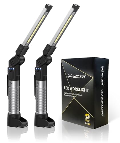 HOTLIGH Work Light Rechargeable - 800 Lumens Work Light with Multifunctional Foldable Design, 2200 mAh Magnetic Flashlight, 3 Lighting Modes Mechanic Flashlight for Car Repairing/Emergency, 2 Pack