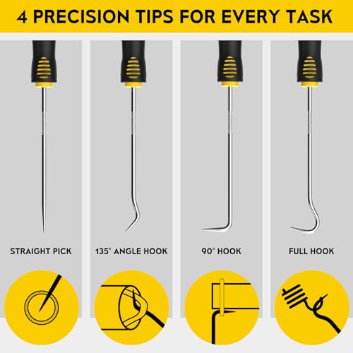 Precision Hook and Pick Set, 4-Piece Automotive O Ring Pick Set, Mechanic Pick Tools with Ergonomic Handle, Knurled Shaft for Automotive, Electronics, Gunsmith Tools