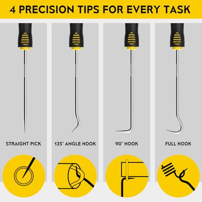 Precision Hook and Pick Set, 4-Piece Automotive O Ring Pick Set, Mechanic Pick Tools with Ergonomic Handle, Knurled Shaft for Automotive, Electronics, Gunsmith Tools