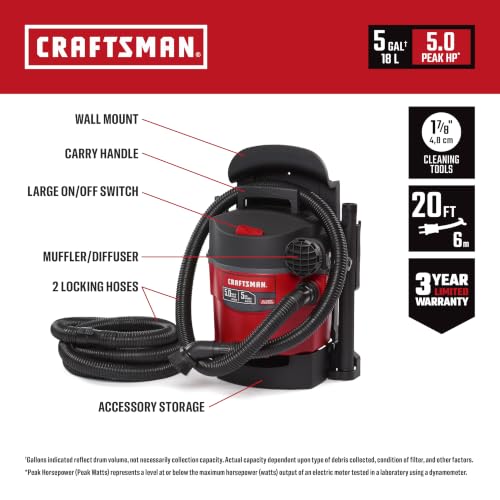 CRAFTSMAN CMXEVBE17925 5 Gallon 5.0 Peak HP Wet Dry Shop Vacuum
