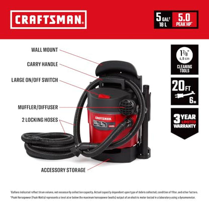 CRAFTSMAN CMXEVBE17925 5 Gallon 5.0 Peak HP Wet Dry Shop Vacuum