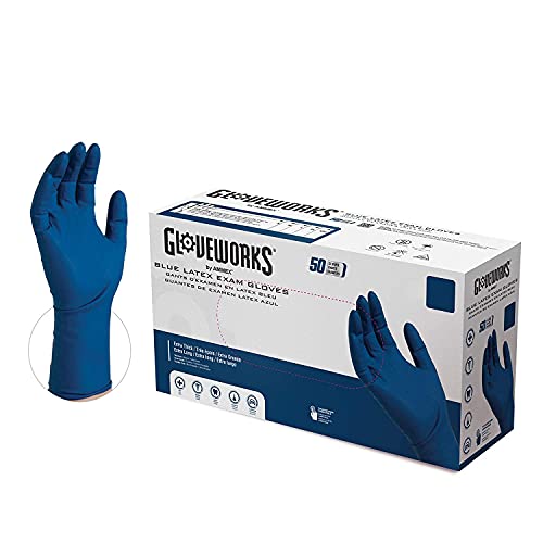 AMMEX Blue Disposable Latex Exam Gloves, 13 Mil, Powder-Free, Textured, Non-Sterile, Longer Cuff