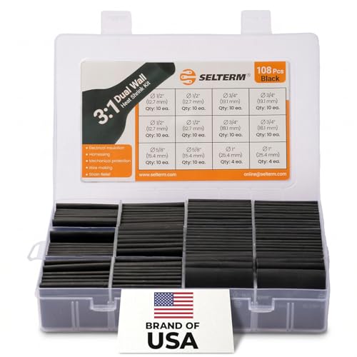 SELTERM Large Size Marine Grade Heat Shrink Tubing Kit, 108 pcs, Black | 1", 3/4", 1/2", 5/8" Assortment, 3:1 Dual Wall Adhesive Lined, Battery Cable Lugs Wire Connector Waterproof & Flame Retardant - color: Black - Assorted, size: 108 Pcs - Assorted
