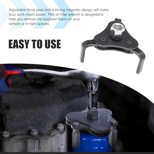Car 3 Jaw Oil Filter Wrench, Steel Adjustable Fuel Filter Spanner, Engine Removal Tool Replacement Part with 1/2 & 3/8 Inch Square Drive, Universal for Most Car Accessories (White)