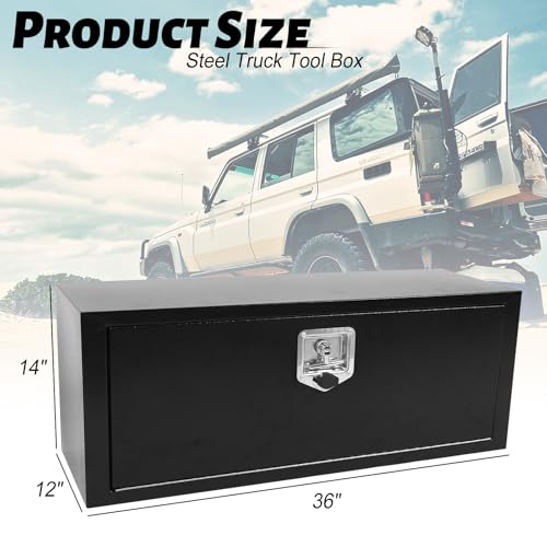 Heavy Duty Steel Plated Underbody Truck Tool Box with T-Handle Lock, Waterproof Tongue Box for Storage with Smooth Surface for Truck, Pickup, RV, Trailer - Black, 36" x 12" x 14" Inch - size: 36" x 12" x 14"