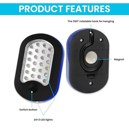AlltroLite 3-Pack LED Work Light | Portable Magnetic Work Light with Rotatable Hook, Magnetic Back & Push Button | Battery Operated Pocket Work Lights for Car Repairing, Emergency, Hiking, Camping